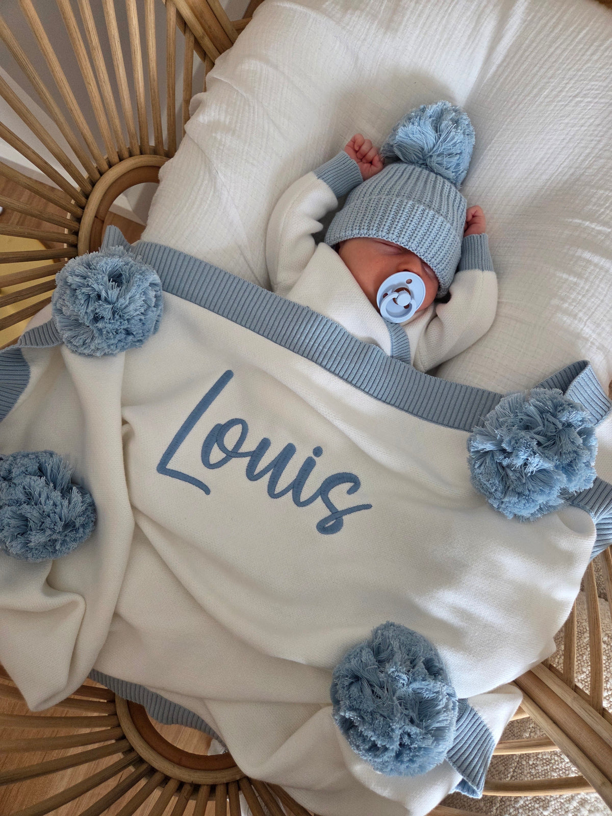 White and blue trim pompom personalised blanket