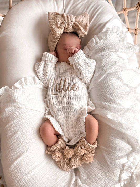 Chunky knit personalised baby girl announcement romper