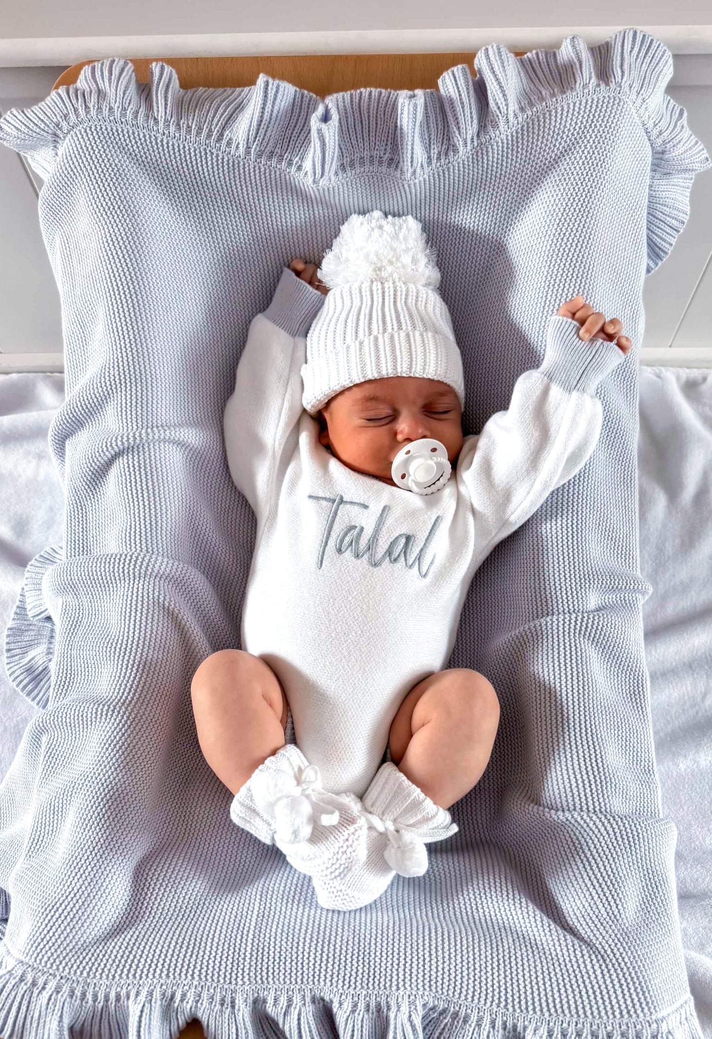 Blue and white personalised baby boy romper