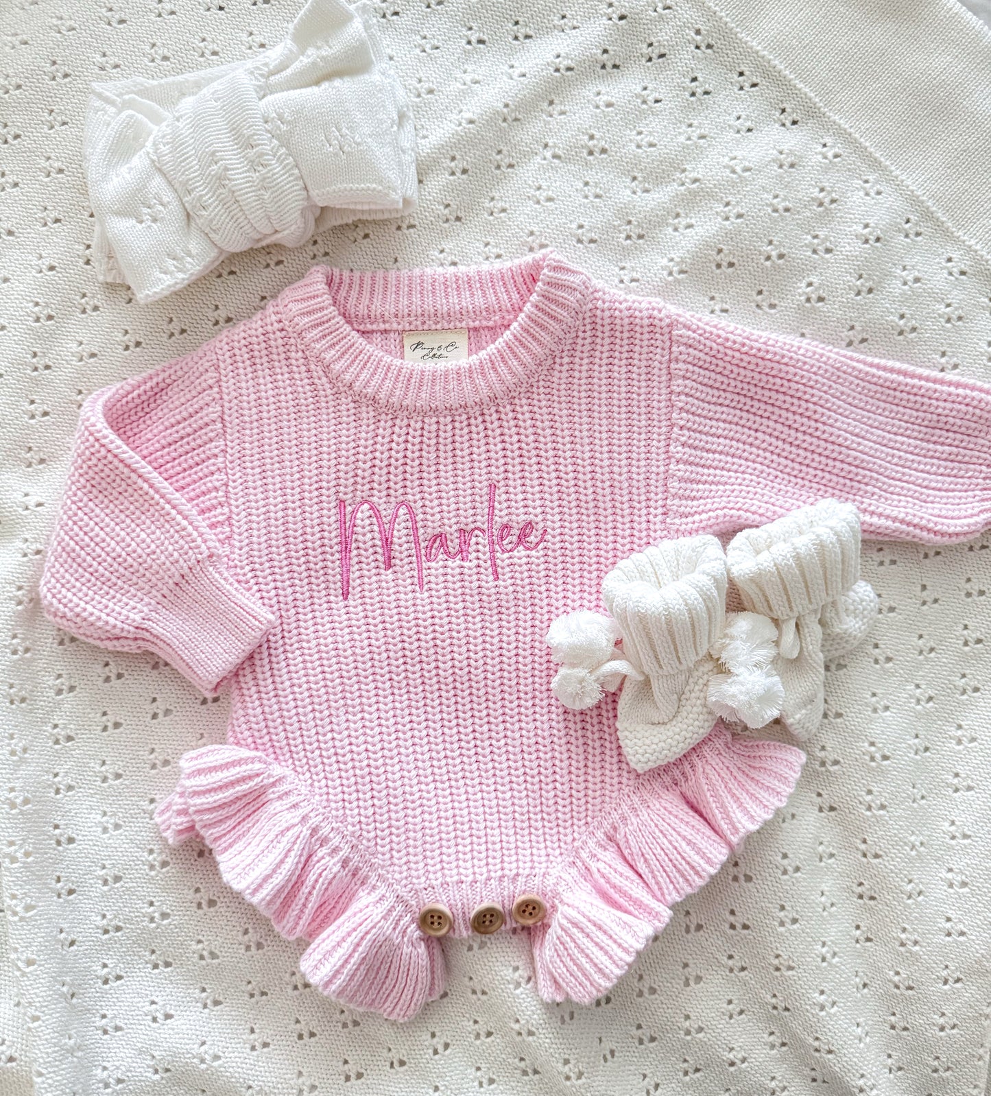 Pink newborn knit frill personalised announcement romper