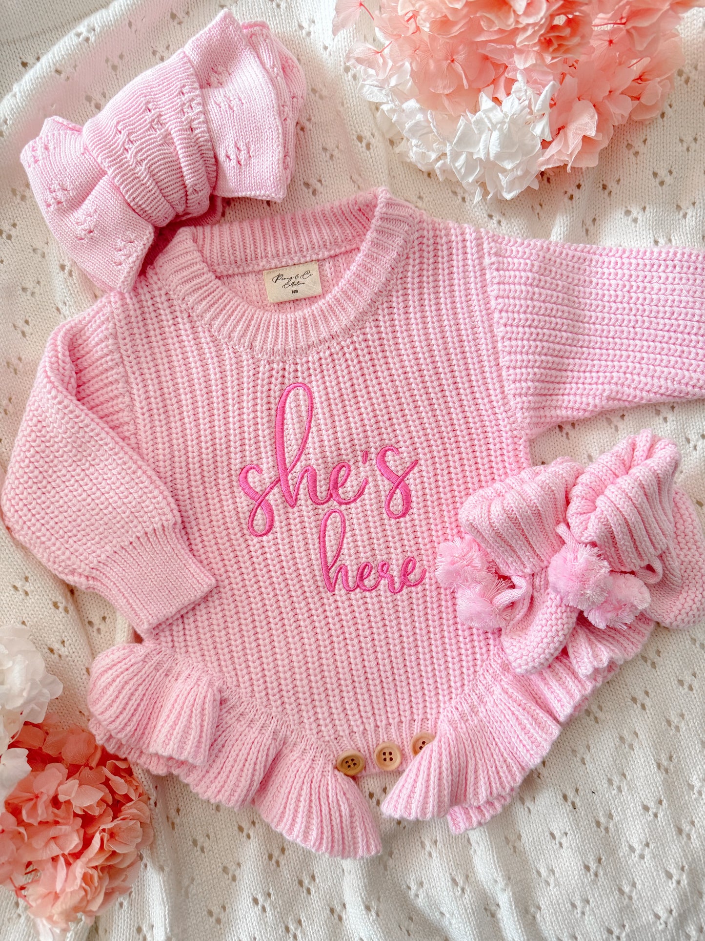 Pink newborn knit frill personalised announcement romper