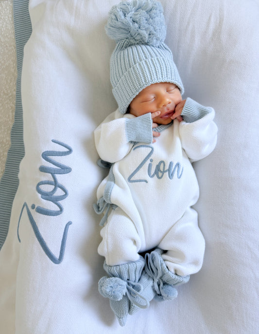 White and blue trim personalised announcement kimono romper