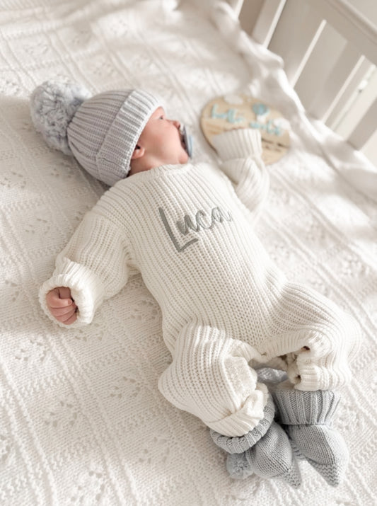 White chunky knit personalised announcement romper