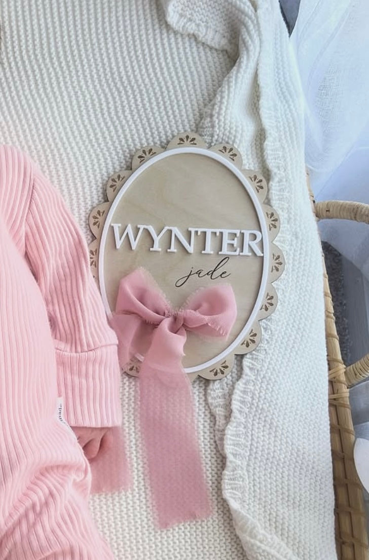 Vintage scallop edge with ribbon birth announcement