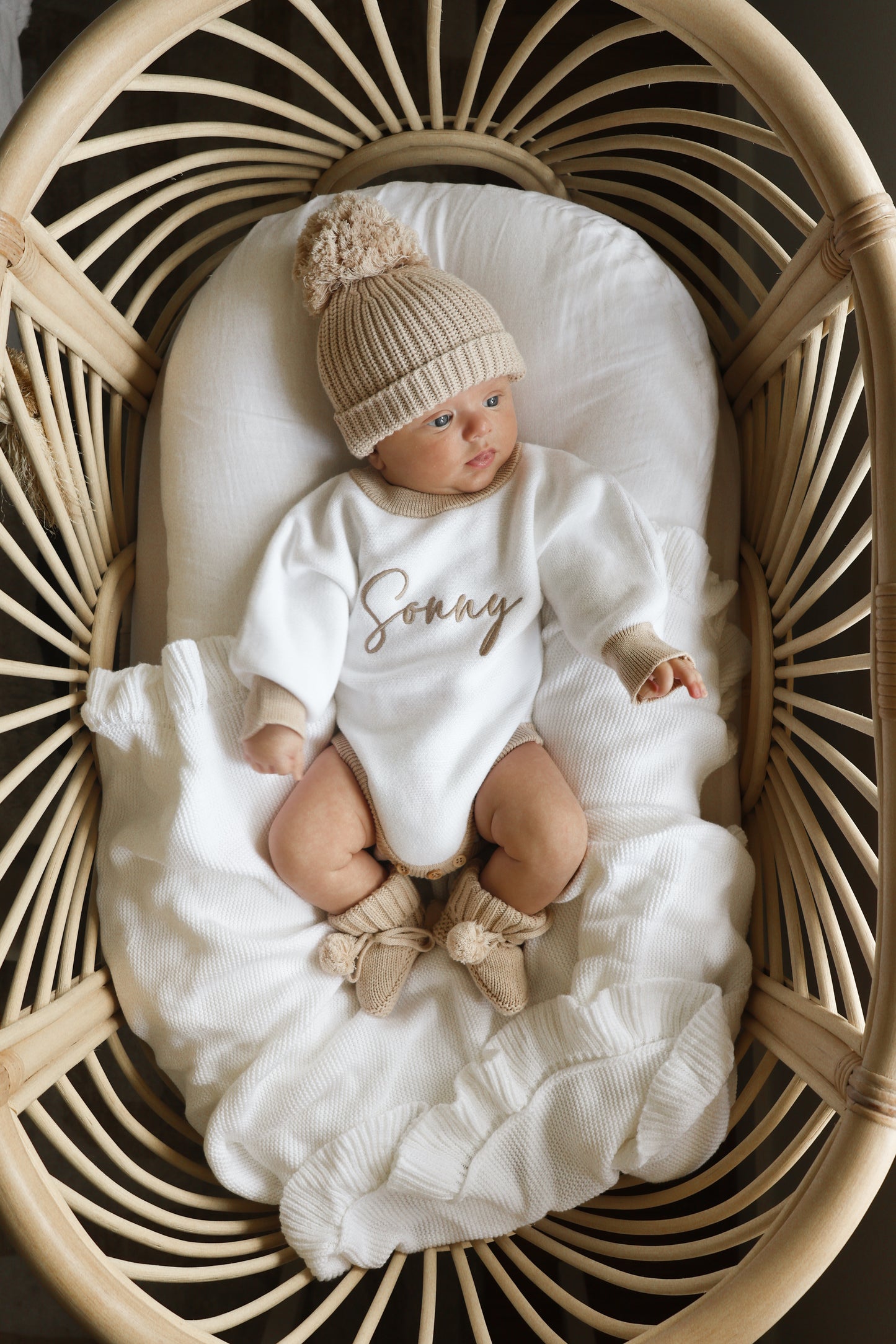 White and beige personalised baby romper