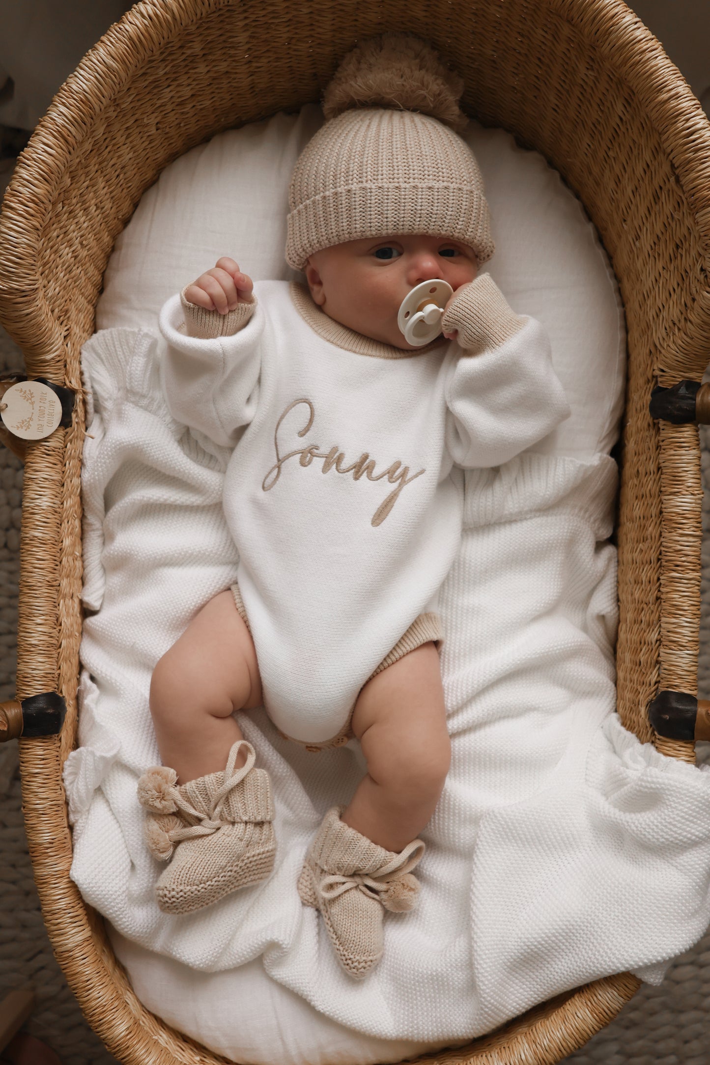 White and beige personalised baby romper