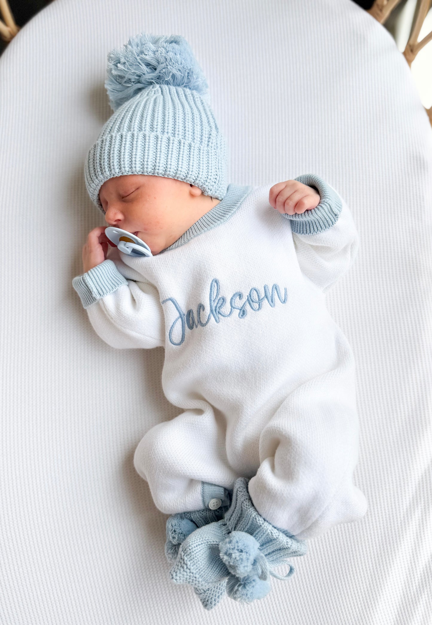 Personalised baby romper white with blue trim