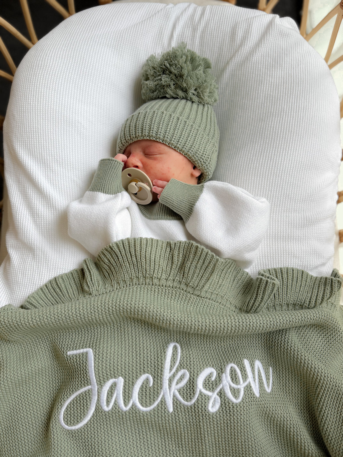 Green frill knitted personalised baby blanket