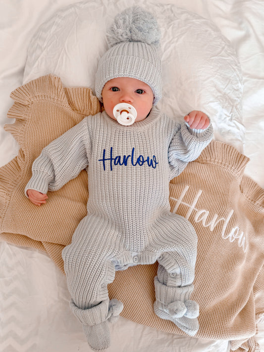 Dusty blue personalized newborn baby knit romper