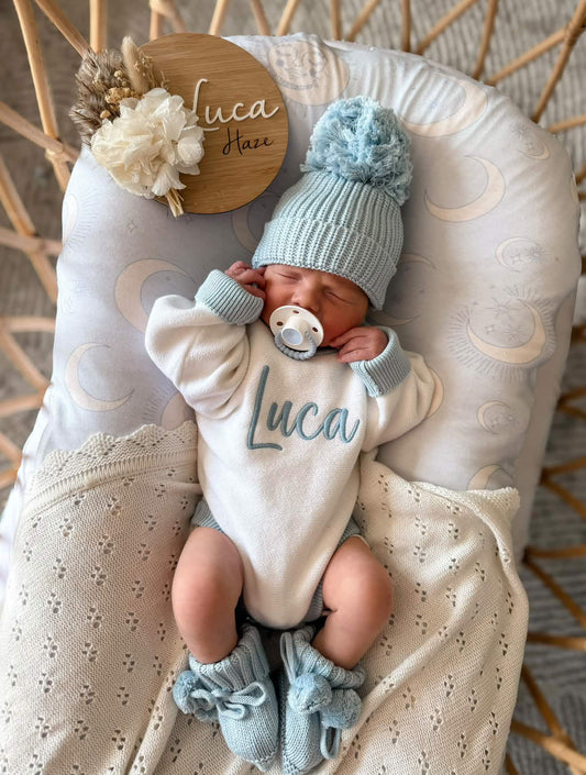 Blue and white personalised baby boy romper