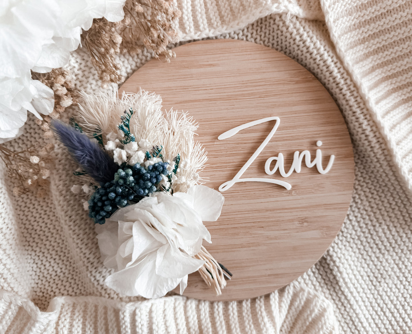 Personalised birth announcement blue dried flowers