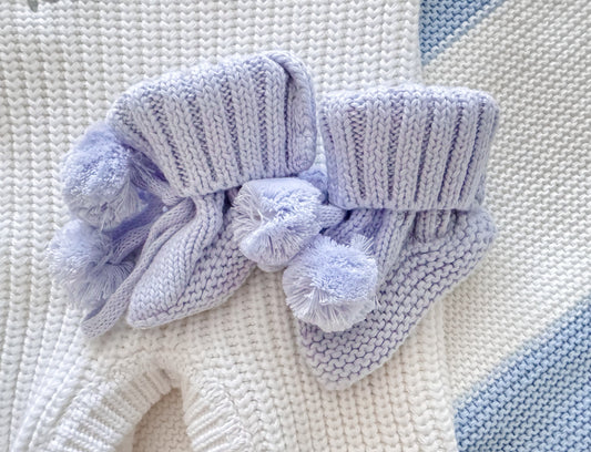 Dusty blue soft knit pompom baby booties