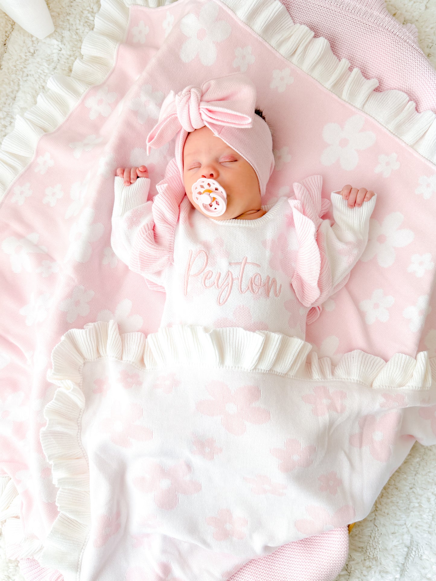 Pink and white flower frill reversible baby blanket