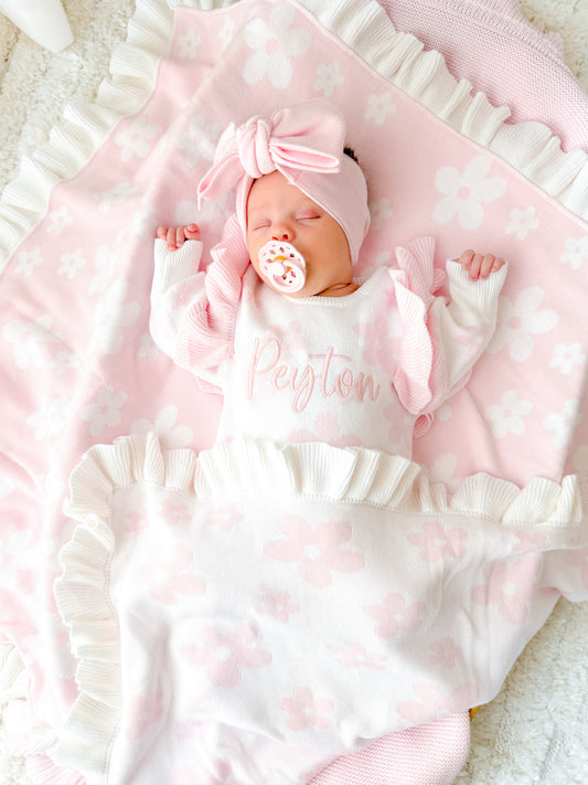 Pink and white flower frill reversible baby blanket