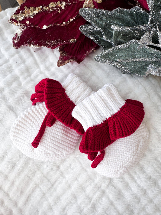 White and red frill Christmas baby knit booties