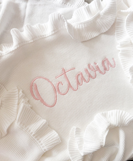 White knit personalised baby blanket