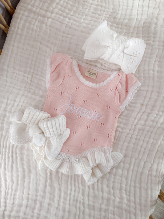 Pink frill pointelle baby girl announcement romper