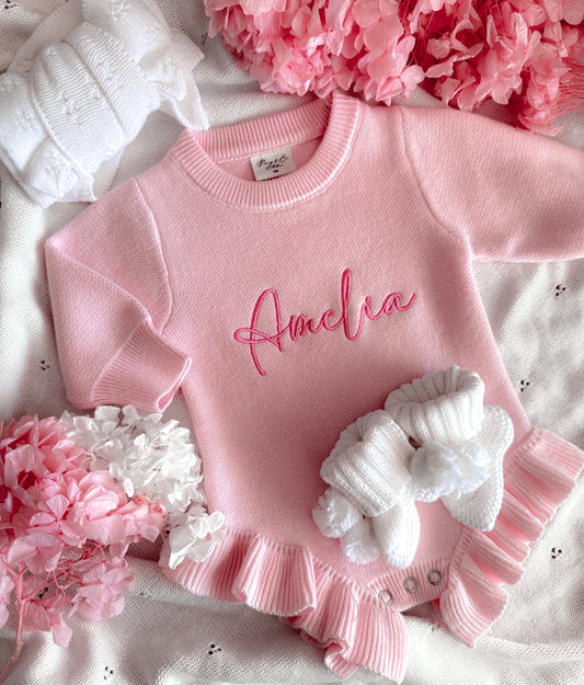 Baby pink frill leg personalised baby romper