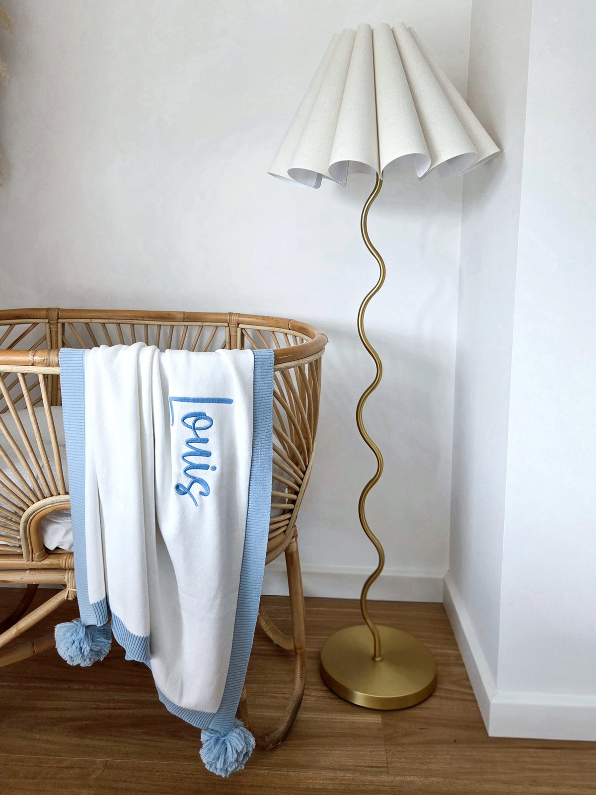 White and blue trim pompom personalised blanket