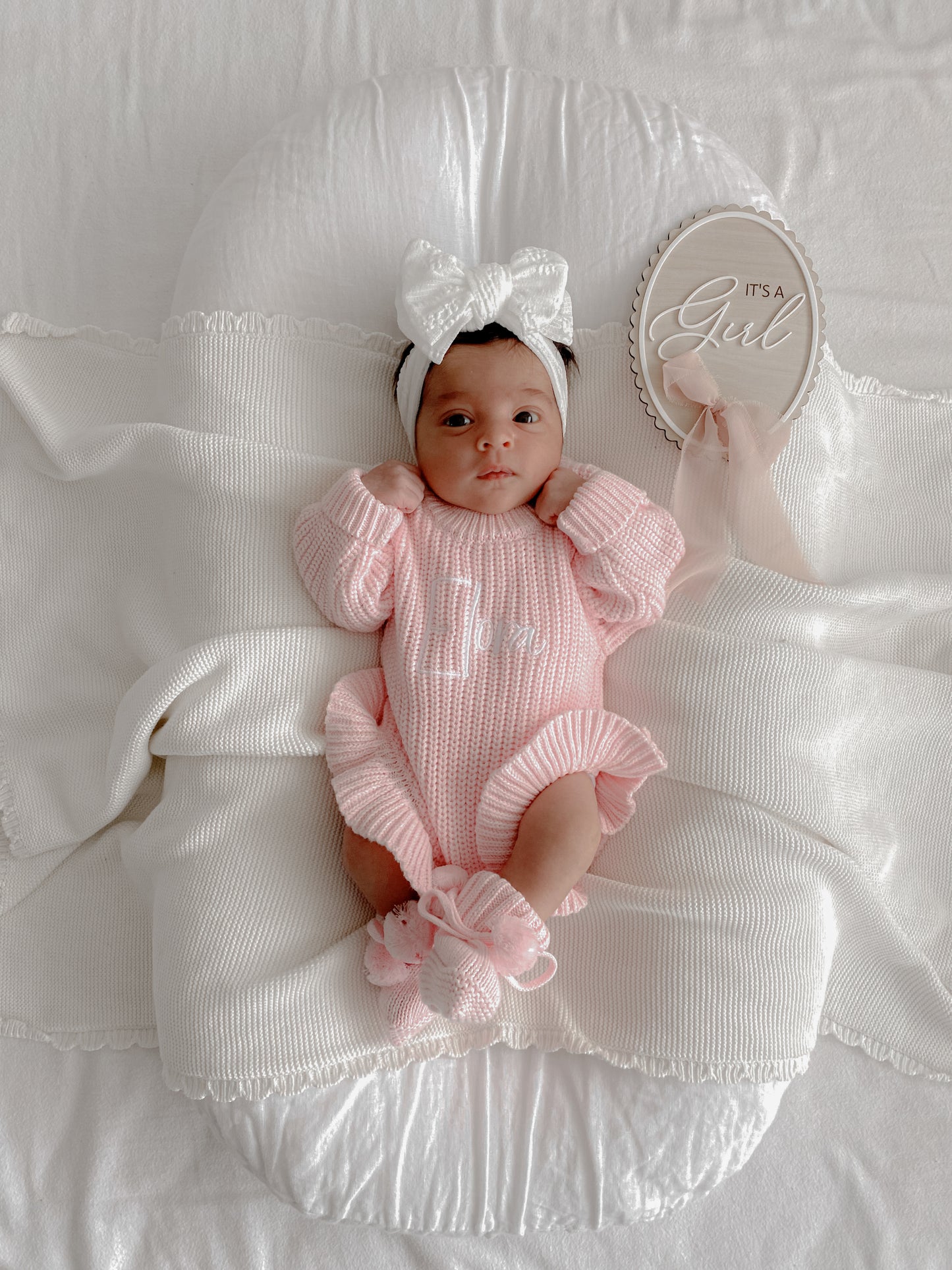 Pink newborn knit frill personalised announcement romper