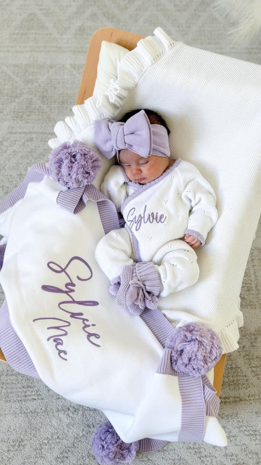 Personalised white and purple scallop trim baby announcement kimono