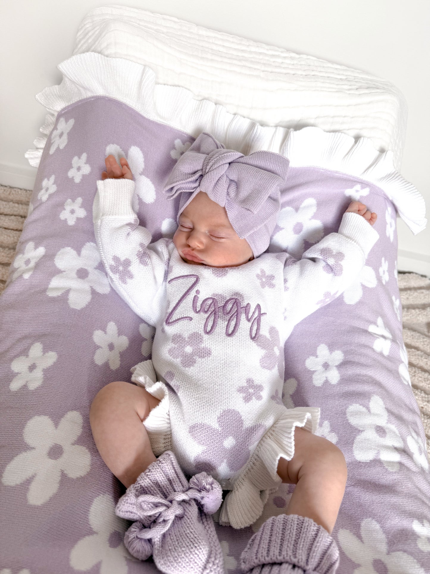 Purple and white floral frill leg romper