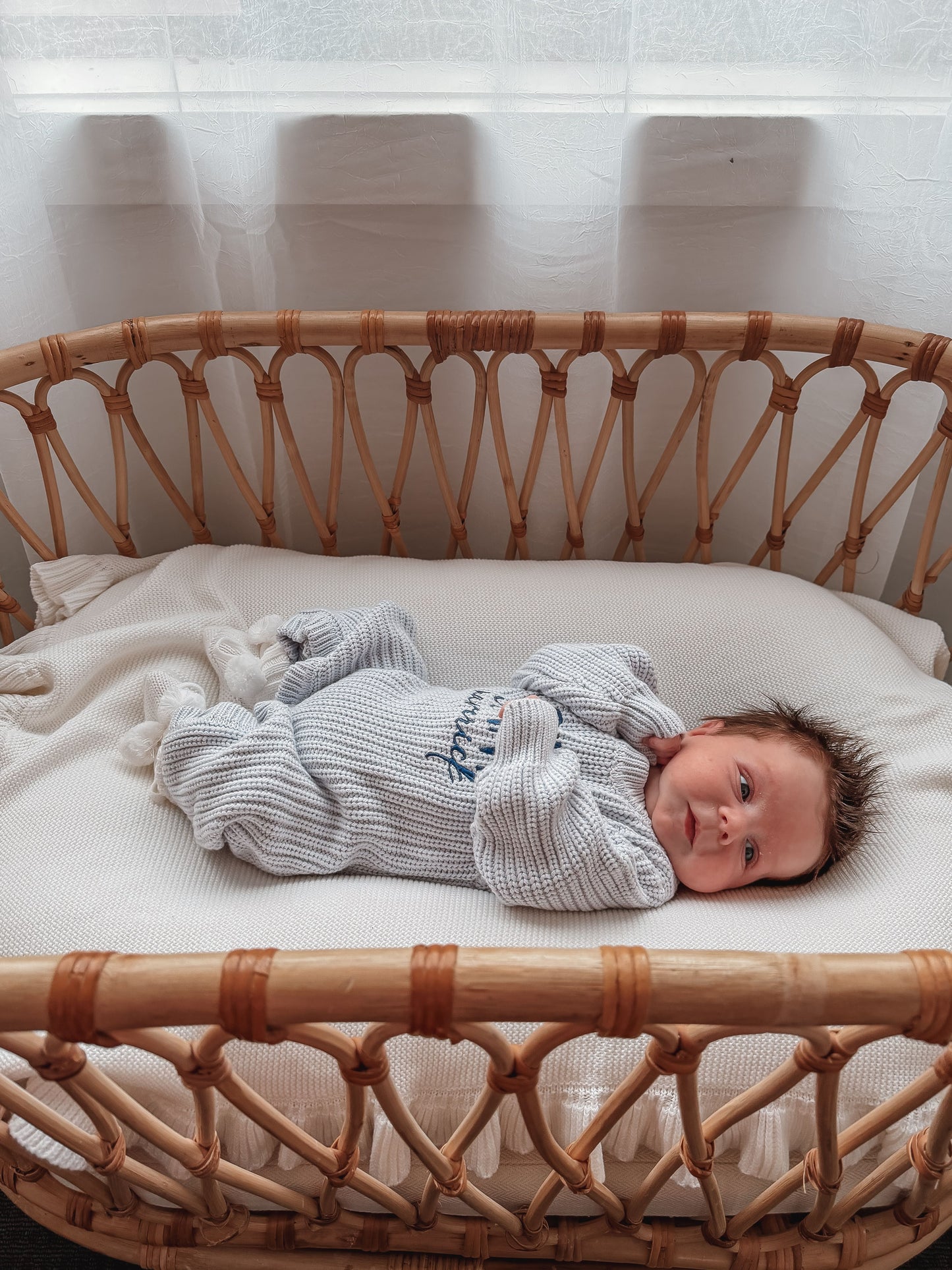 Dusty blue personalized newborn baby knit romper