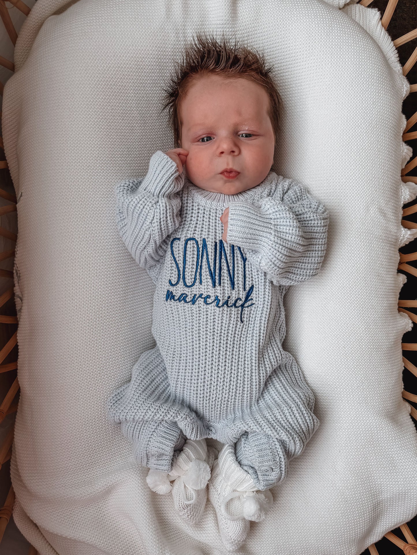 Dusty blue personalized newborn baby knit romper