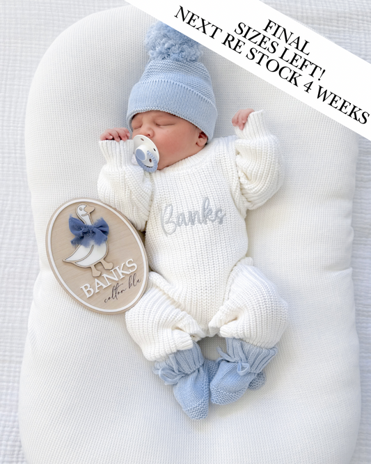 White chunky knit personalised announcement romper