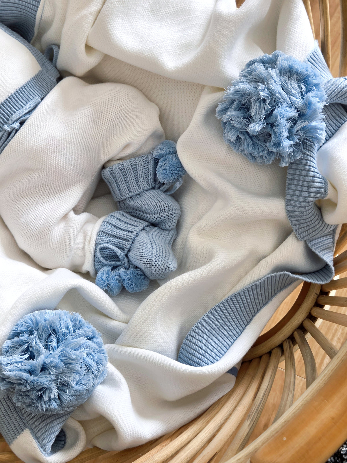 White and blue trim pompom personalised blanket