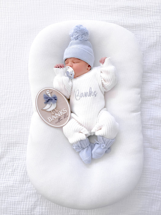 White chunky knit personalised announcement romper