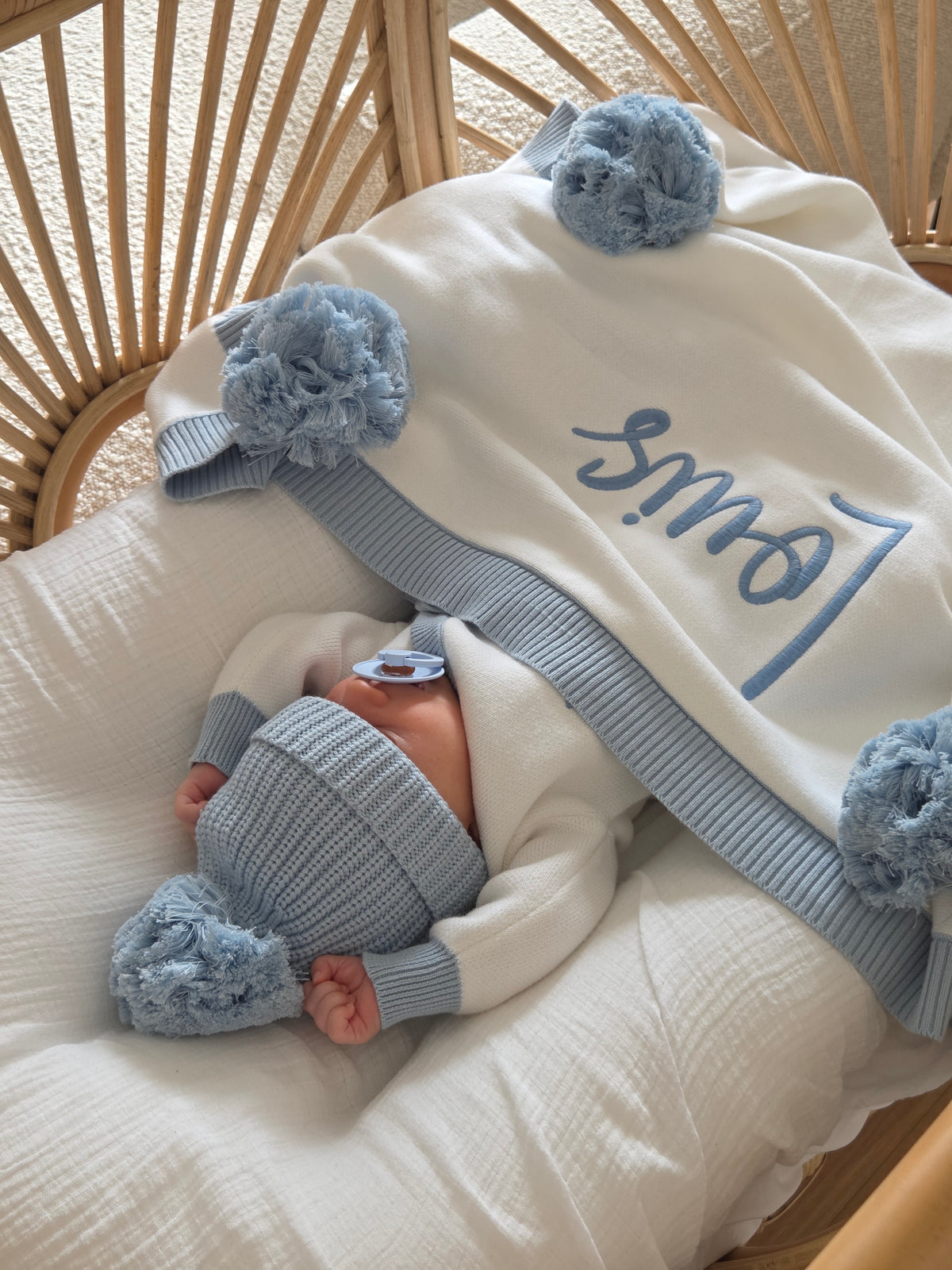 White and blue trim pompom personalised blanket