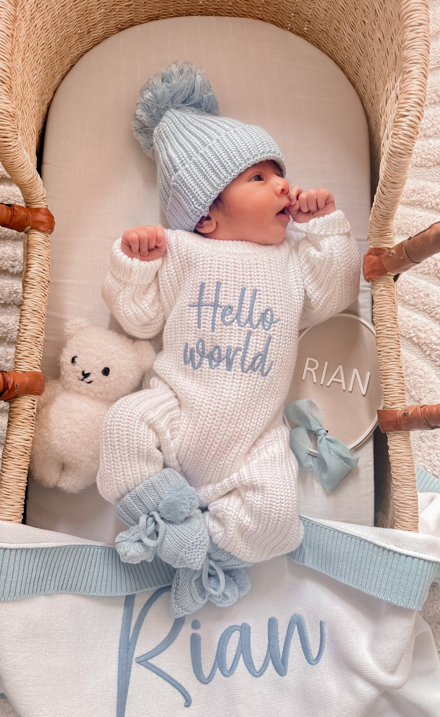White chunky knit personalised announcement romper