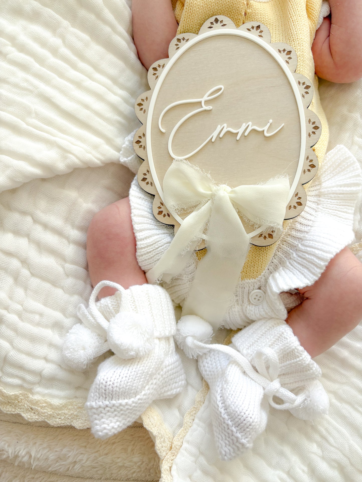 Yellow and white frill leg baby announcement outfit