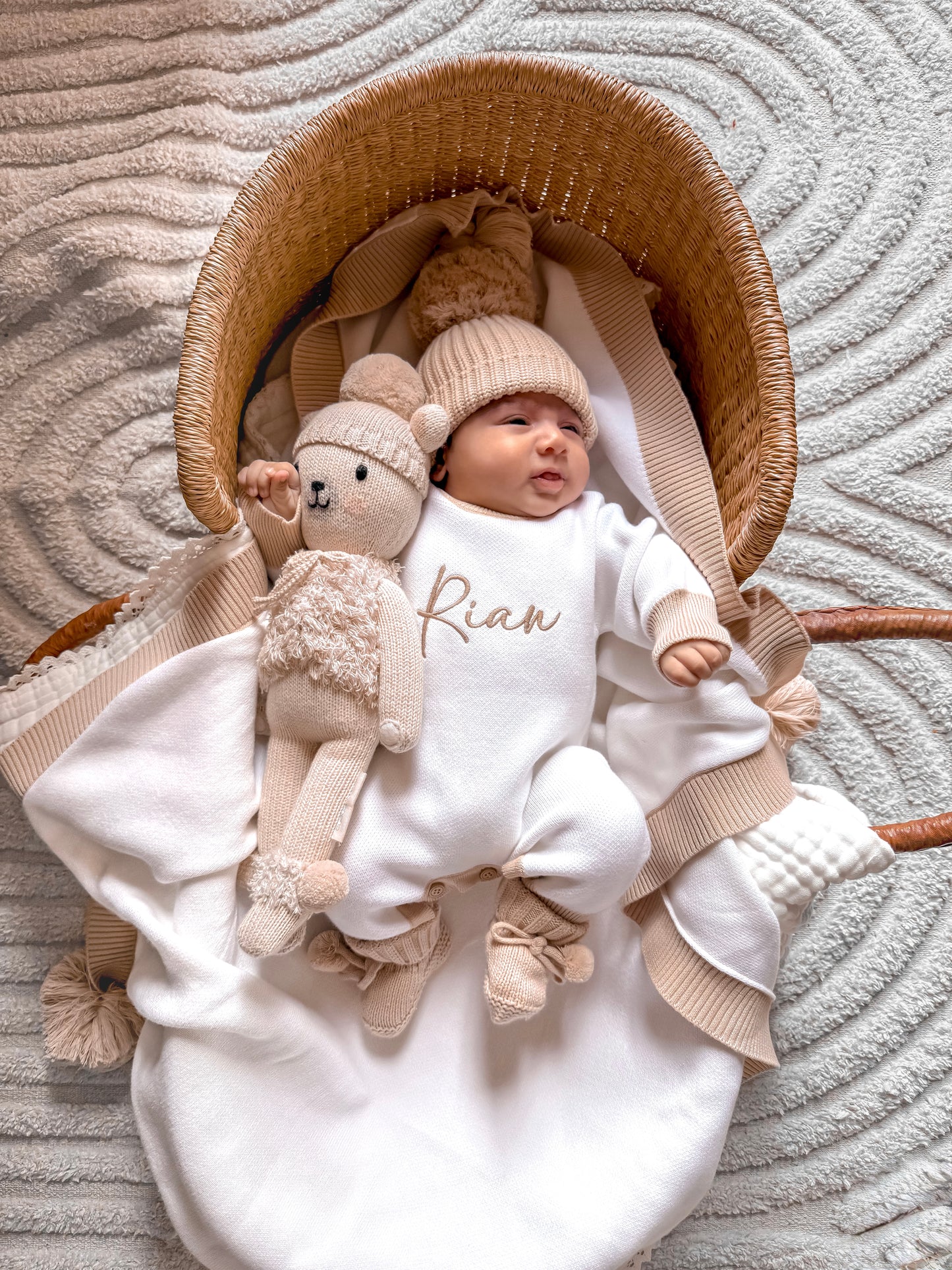 White and beige trim personalised baby romper
