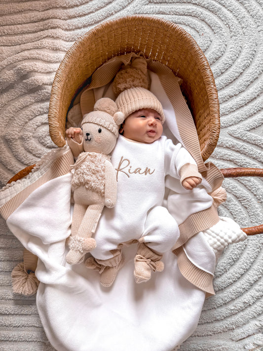 White and beige trim personalised baby romper