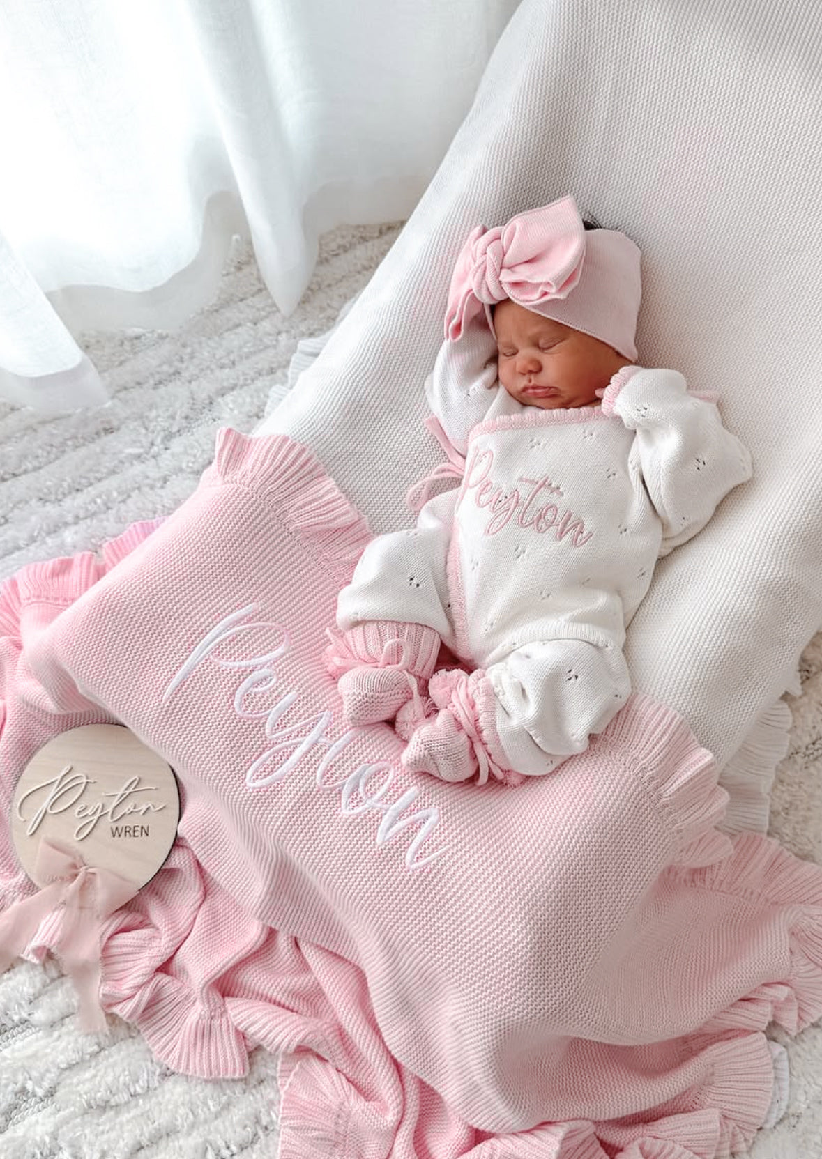 White with pink scallop kimono baby announcement romper