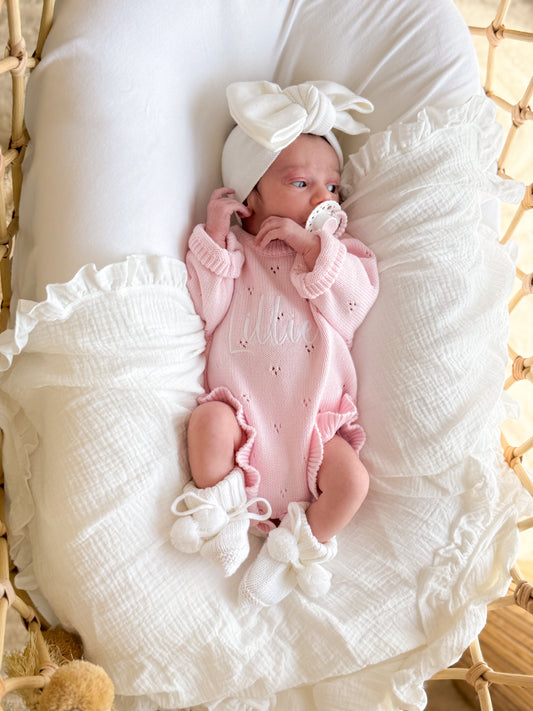 Pink pointelle frill baby announcement romper