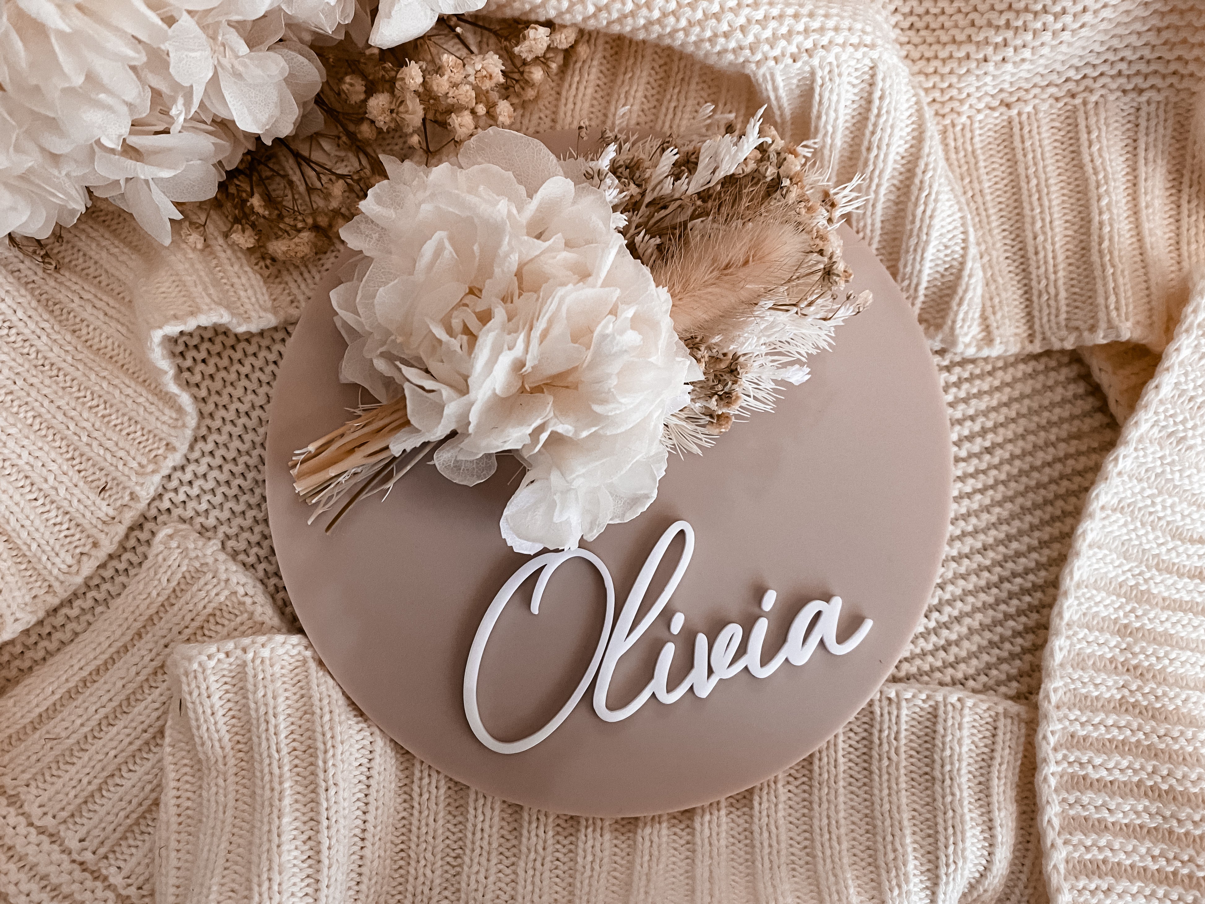 Acrylic dried flower name sign latte – Penny and Co Collections