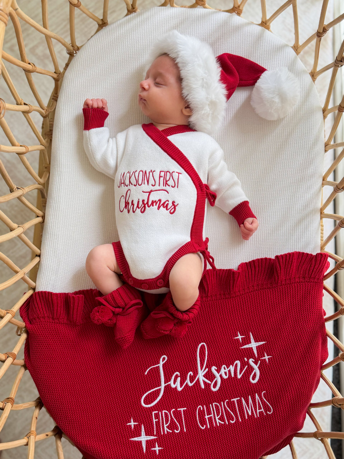 Red frill personalised first Christmas blanket