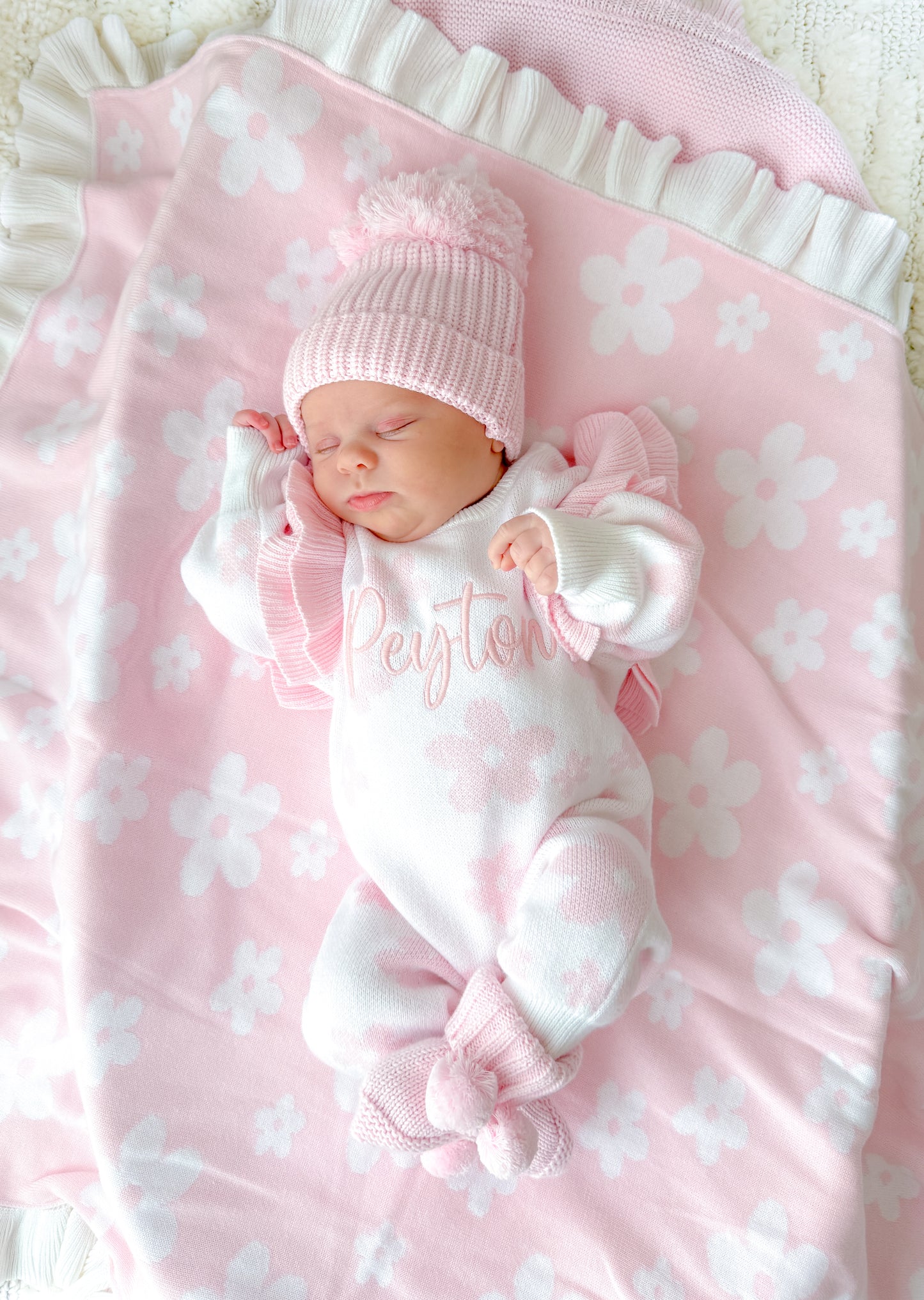 Pink and white flower frill reversible baby blanket