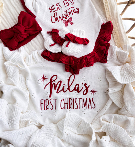 Personalised First Christmas white pointelle blanket