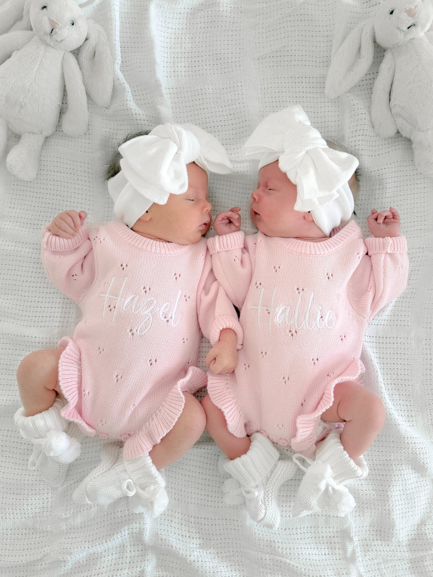 Pink pointelle frill baby announcement romper