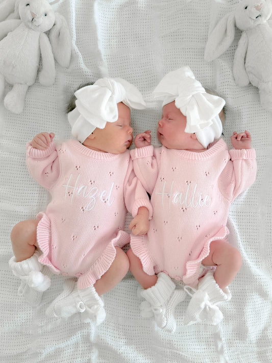 Pink pointelle frill baby announcement romper