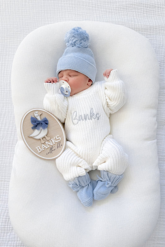 White chunky knit personalised announcement romper