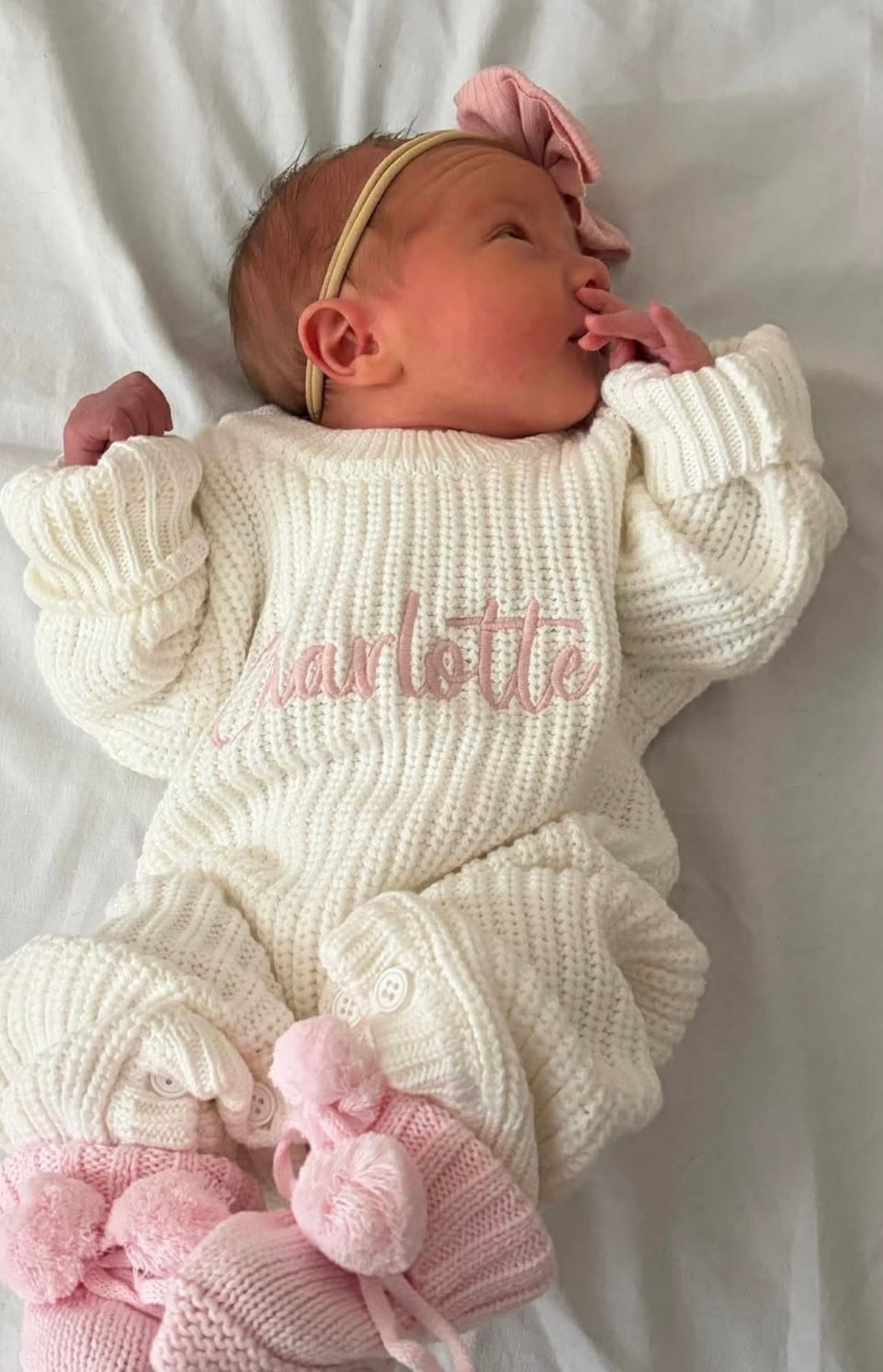 White chunky knit personalised announcement romper