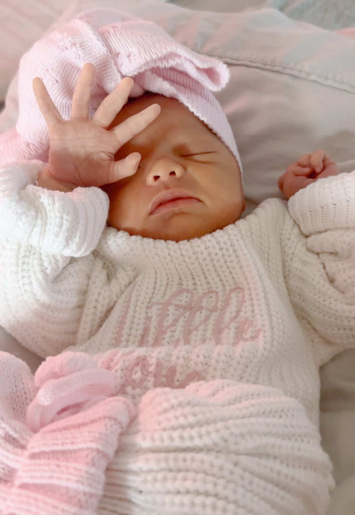 White chunky knit personalised announcement romper
