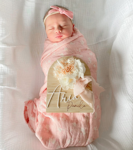 Wooden arch dried flower announcement sign with ribbon