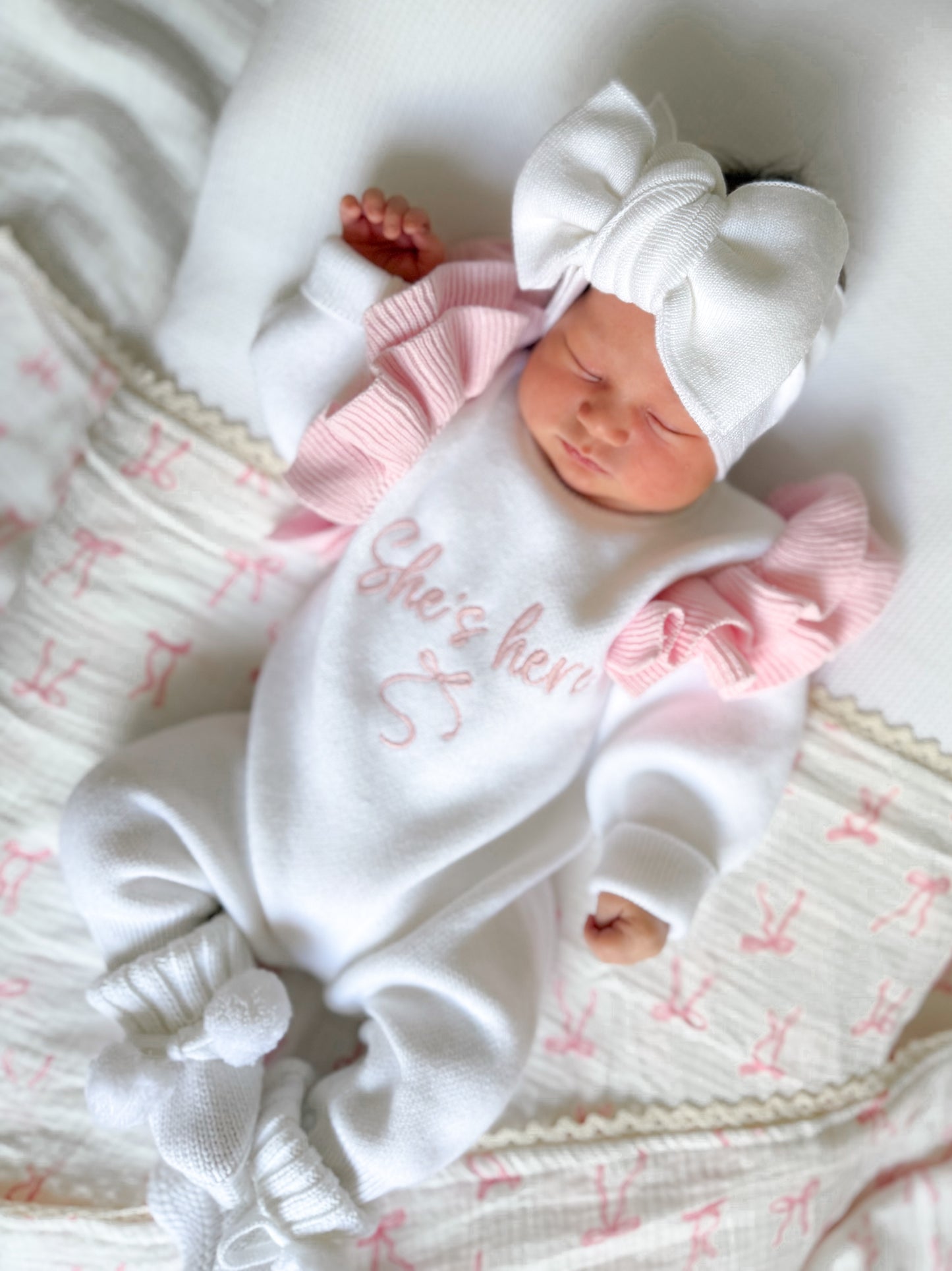 She’s here baby girl announcement romper