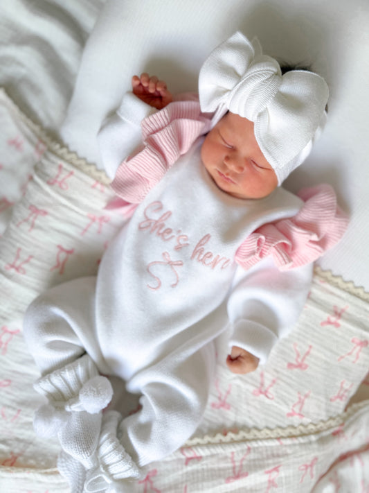 She’s here baby girl announcement romper